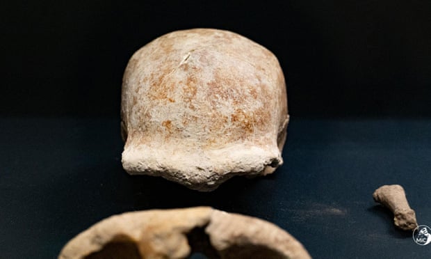 Guattari Mağarası'nda bulunan dişi Neandertalin kafatası ve başparmak kemiği