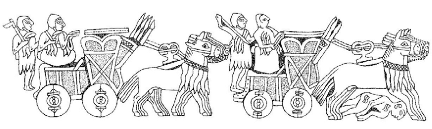 Ur Standardında (MÖ 2600) tasvir edilen savaş arabalarından çeken bazı kúngalar (Littauer & Crouwel, 1979'dan sonra). 