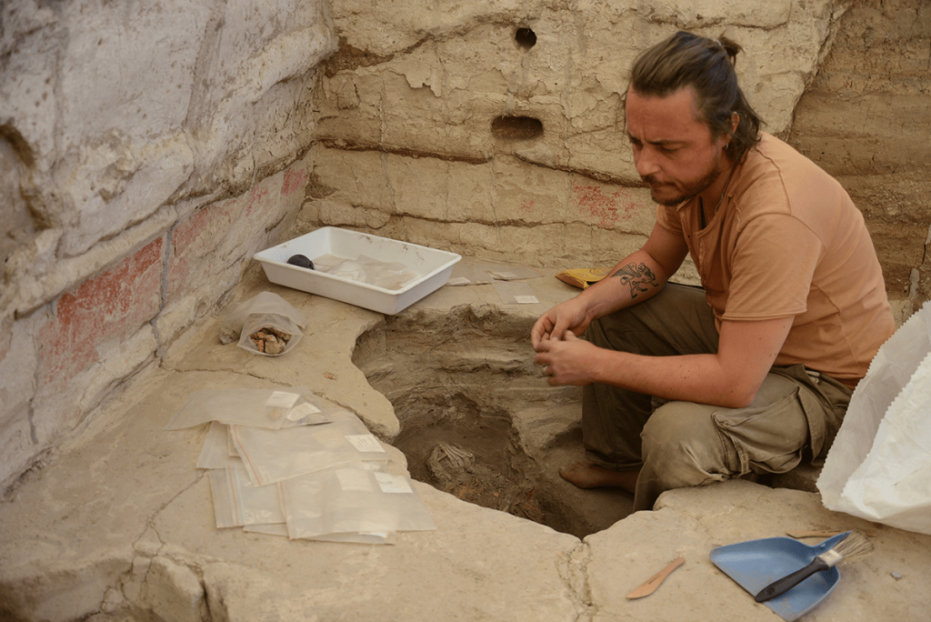 Marco Milella, Çatalhöyük duvar resimlerinin altında gömülü bir iskeleti çıkarıyor © Marco Milella