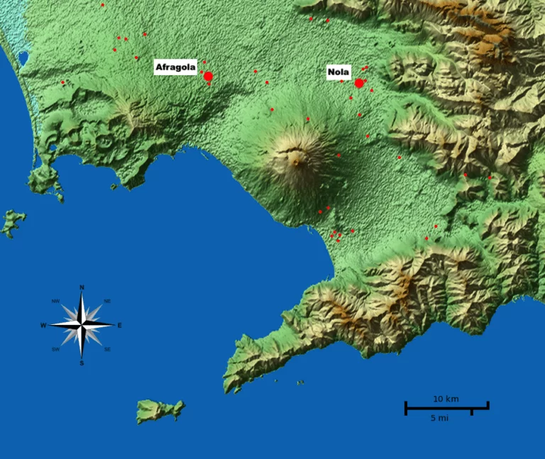 Tunç Çağı'nda Afragola ve çevresindeki köyleri gösteren Güney Campanian ovası