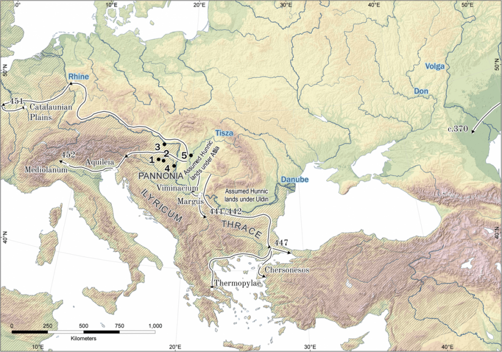 Hunların Avrupa'da saldırı yönlerini gösteren harita. Harita David Redhouse tarafından oluşturulmuştur.