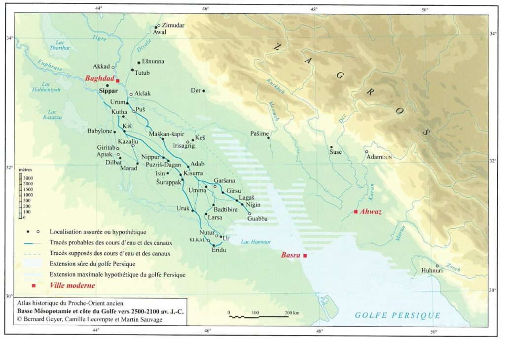 MÖ üçüncü binyılda, yaklaşık 6.000 yıl önce güney Mezopotamya'nın bir haritası. M. Sauvage Atlas