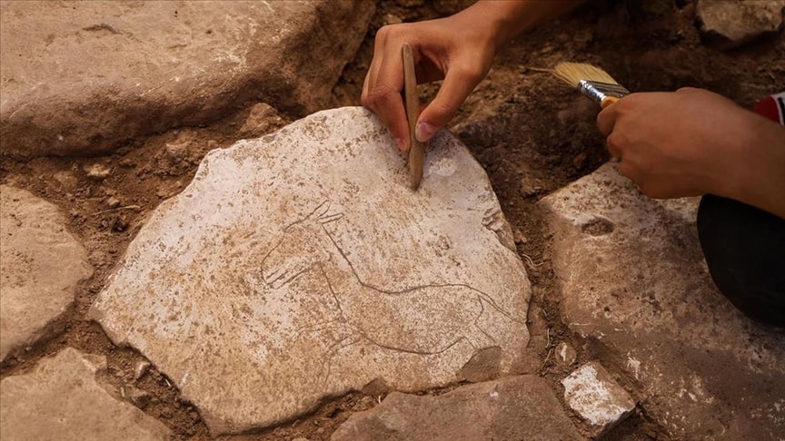 Karahantepe'de keşfedilen taşa oyulmuş koşan yaban eşeği figürü